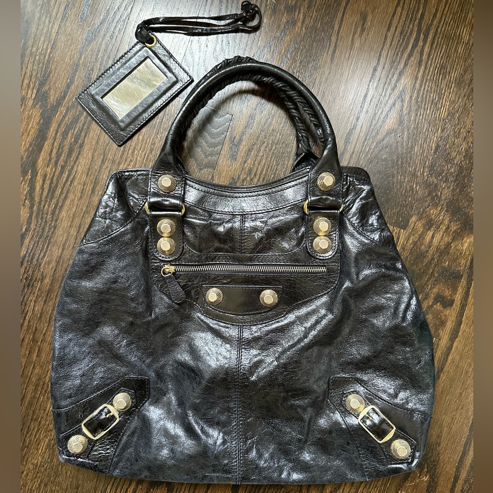 VERA PELLE BLACK ITALIAN LEATHER GIANT MOTO CITY BAG HOBO TOTE GOLD WHIPSTITCH